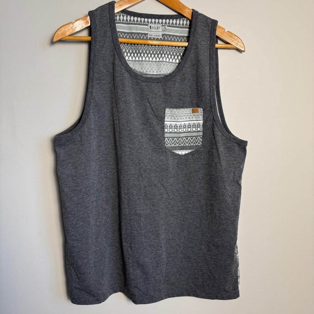 Mens Kolby Relaxed Fit Graphic Print Tank Top L Charcoal Grey Aztec Trees Pocket